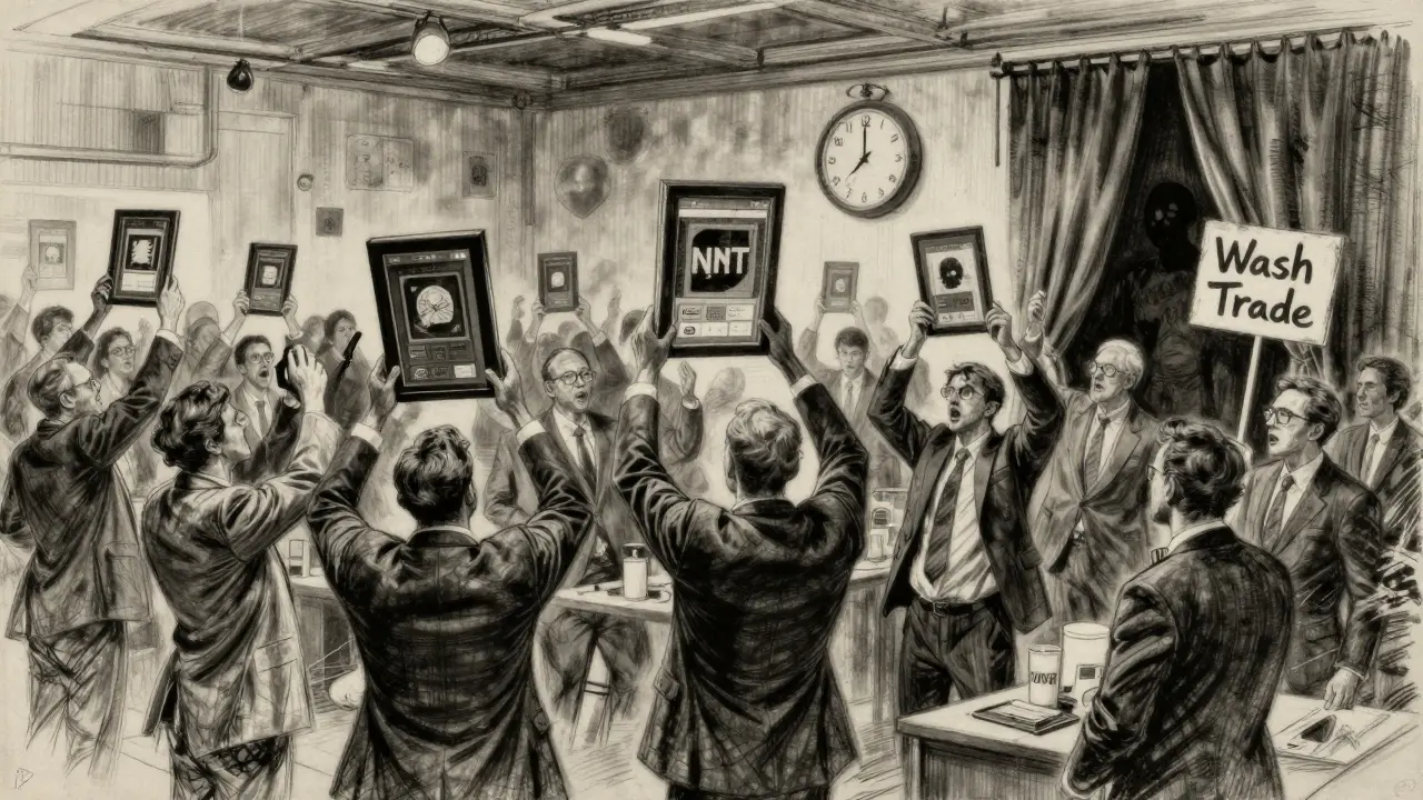 A chaotic auction hall where bidders chase floating NFTs, while a shadowy 'Wash Trade' sign hides nearby.