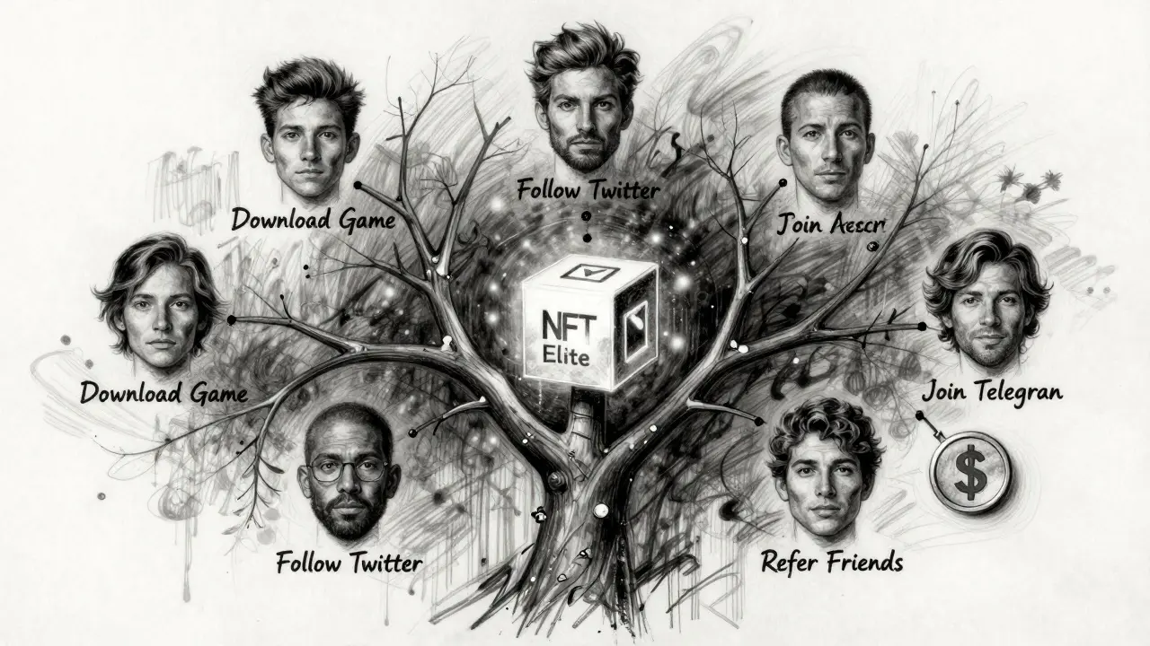 A charcoal-drawn family tree of airdrop steps ending in an NFT box and $ASPO token.