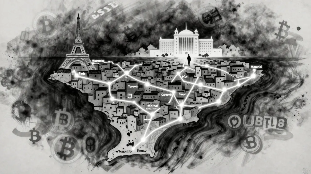 A charcoal map shows digital crypto links between Morocco and diaspora cities, fading into a government digital currency building.