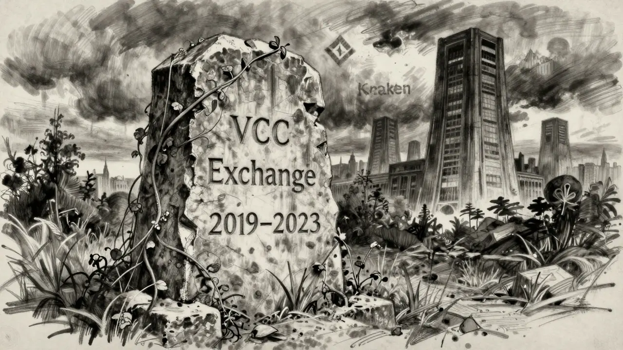 A crumbling monument labeled 'VCC Exchange' is overgrown with vines, while distant giants Binance and Kraken loom under a stormy sky.