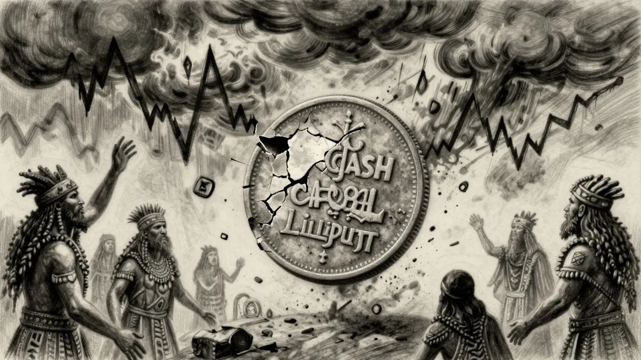 A fractured coin floating in mid-air, one side branded with a game logo, the other crumbling to ash, surrounded by reaching and retreating figures.