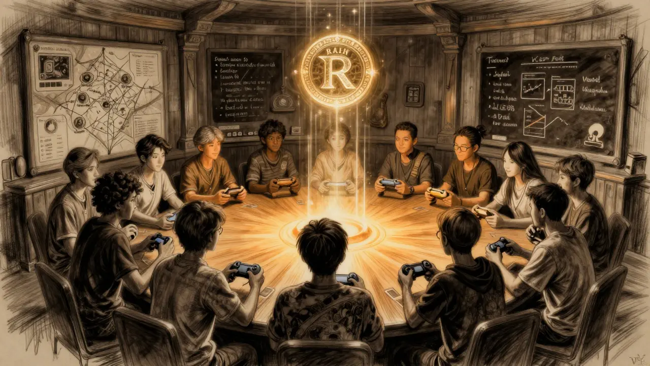 A guild of players gathered around a glowing RAIN token at a wooden table, charcoal drawing.