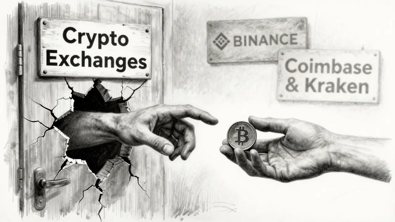 A hand passing a Bitcoin coin through a door labeled 'Crypto Exchanges,' with faded names of big exchanges in the background.