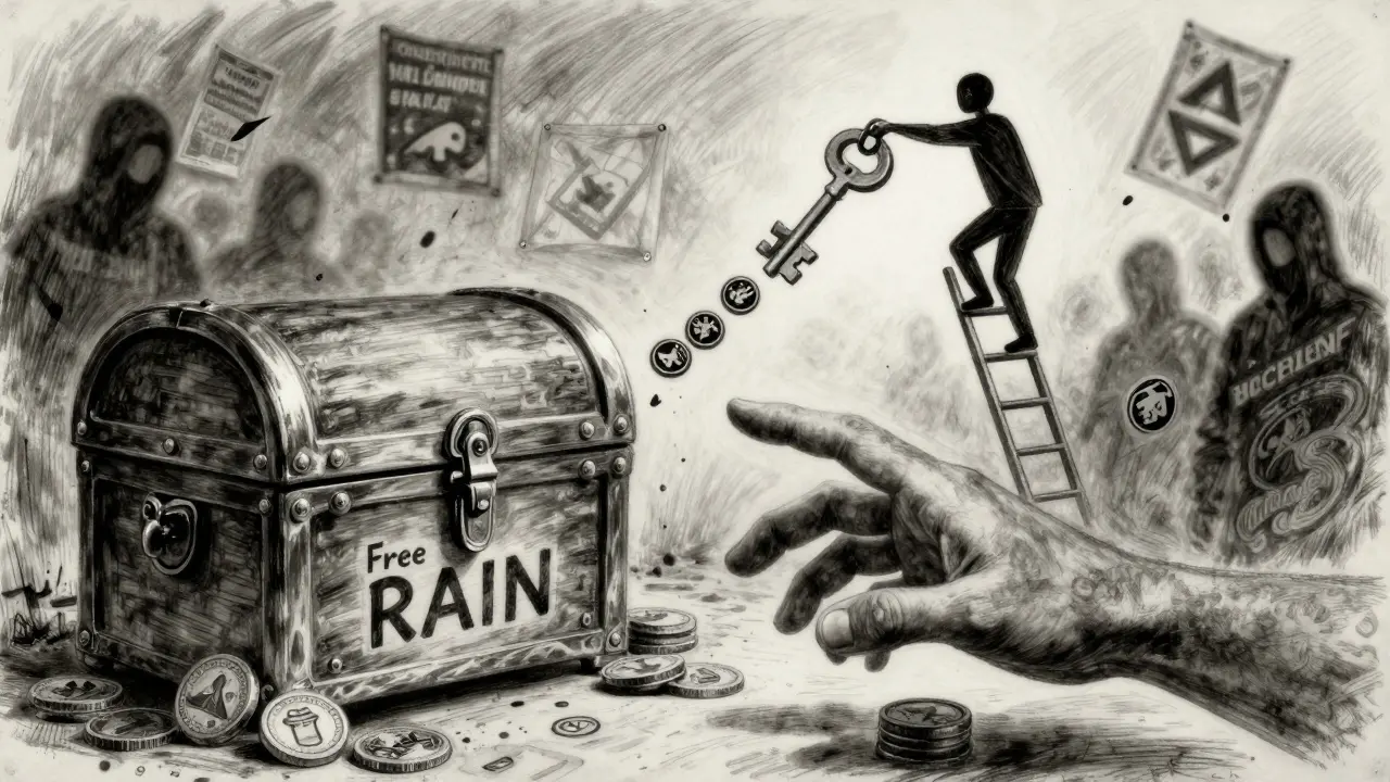 A hand reaching for a locked chest while a player climbs a ladder of game rewards, charcoal sketch.