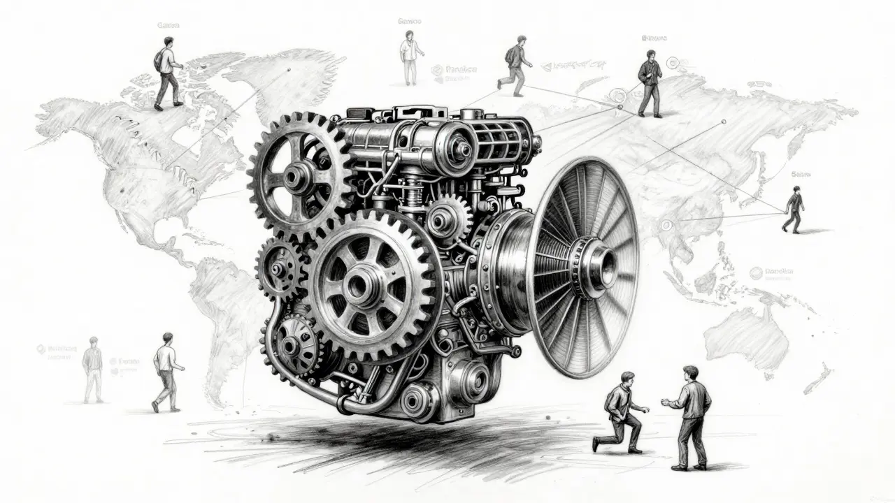 A hybrid engine of Cardano and Solana components powers a decentralized exchange with users exchanging assets globally.