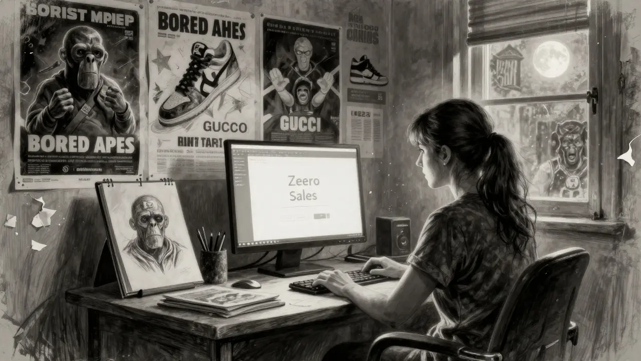 A lone digital artist at her desk, surrounded by peeling NFT posters, staring at a screen with zero sales.