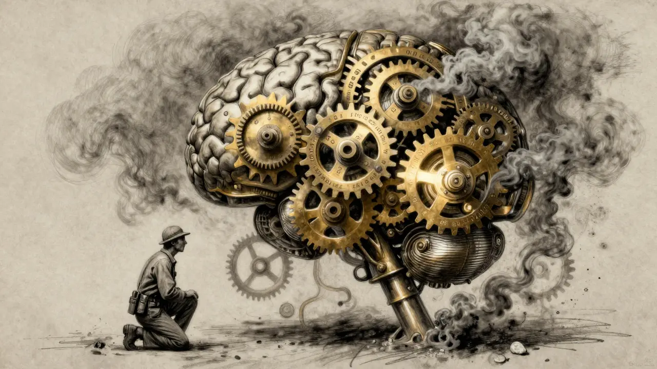 A lone miner before a massive mechanical brain with gears inscribed in hexadecimal, computing double SHA-256.