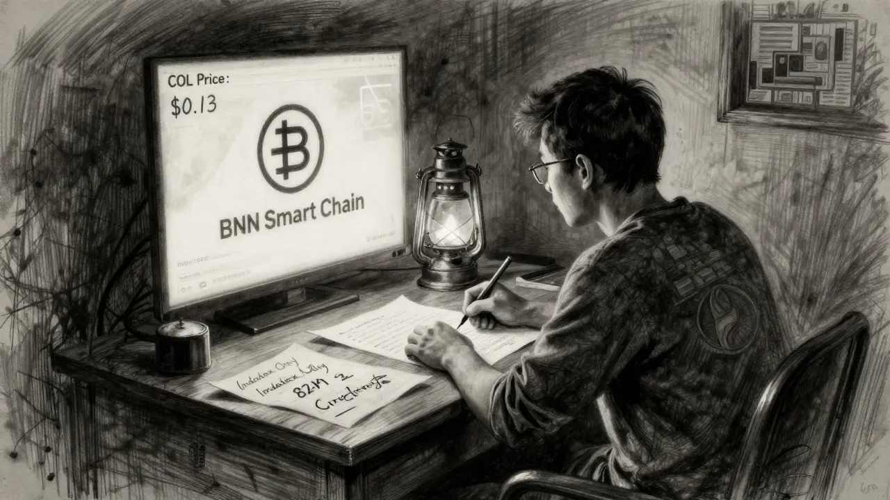 A lone person at a desk, studying a glowing crypto wallet on parchment, surrounded by notes about COL's volatile price and Indodax.