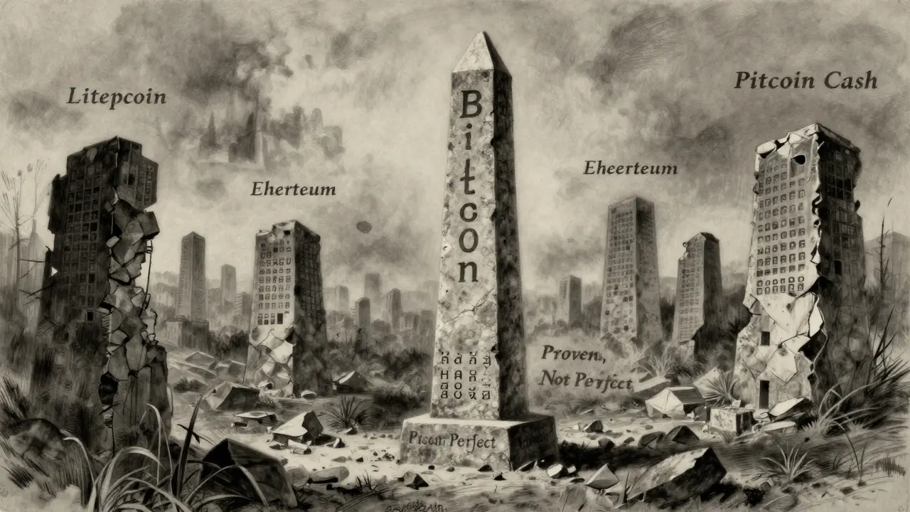 A lone stone obelisk labeled 'Bitcoin 2009' stands firm amid crumbling towers of other blockchains.