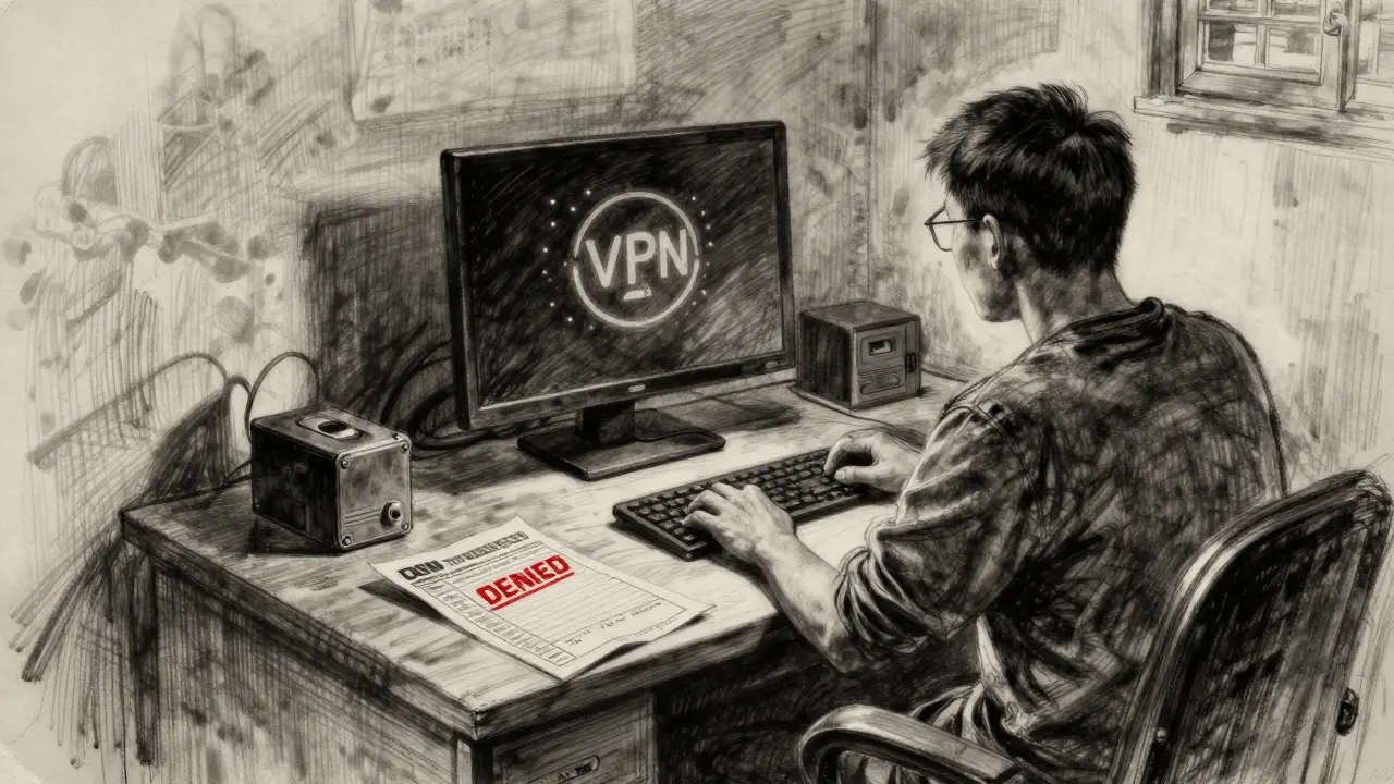 A person facing a black screen with a hardware wallet beside denied bank statements.