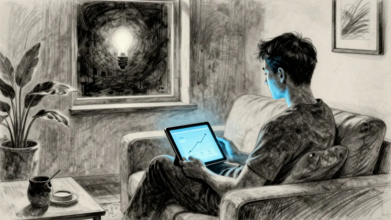 A person staking Ethereum on a tablet in a quiet room, illuminated by a soft blue screen glow.