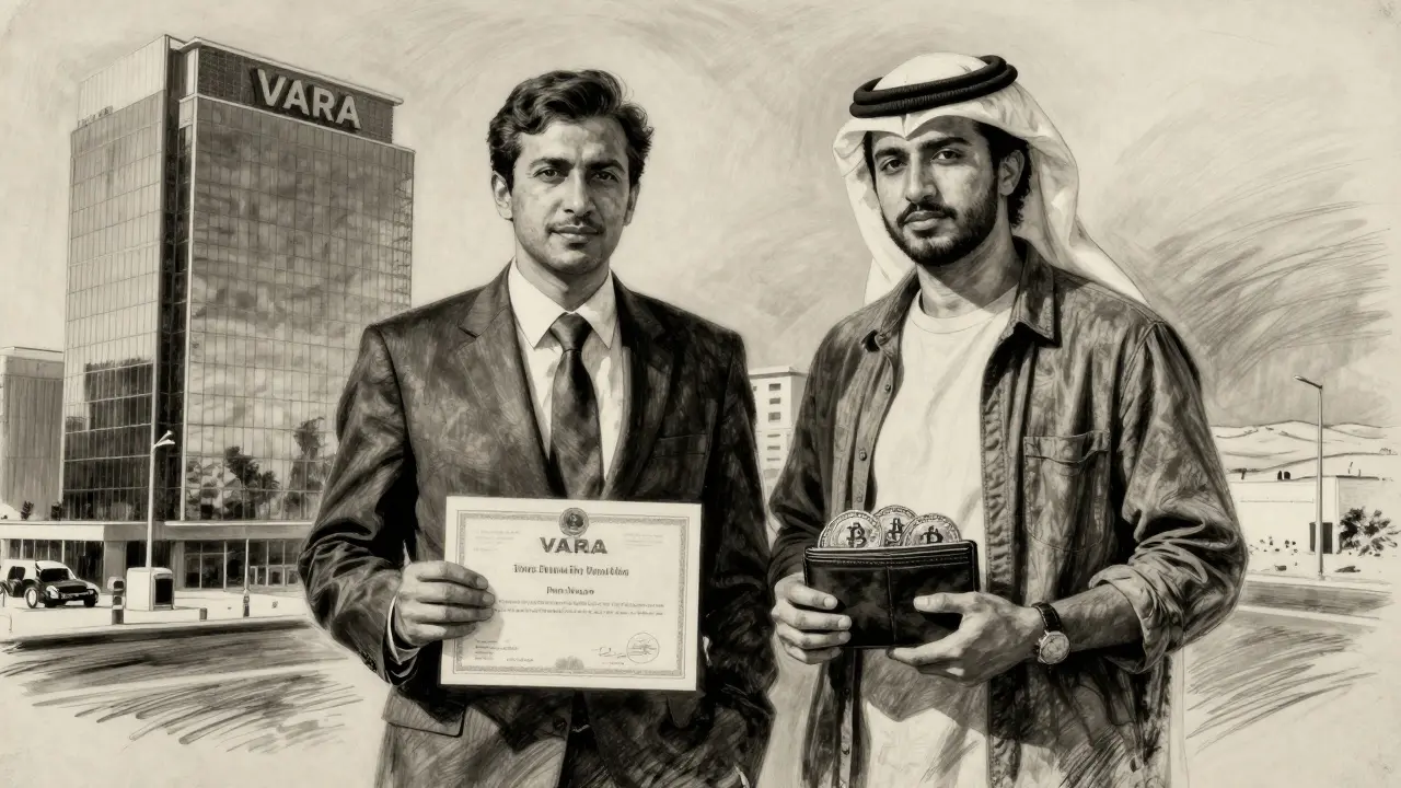 A regulated crypto business owner stands beside VARA headquarters, contrasted with a private investor in charcoal tones.