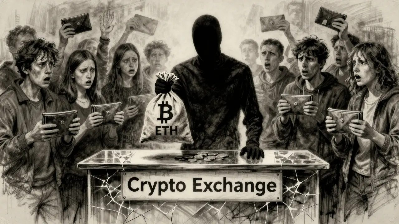 A shadowy figure turns away from anxious people holding empty wallets beside a cracked counter labeled 'Crypto Exchange'.