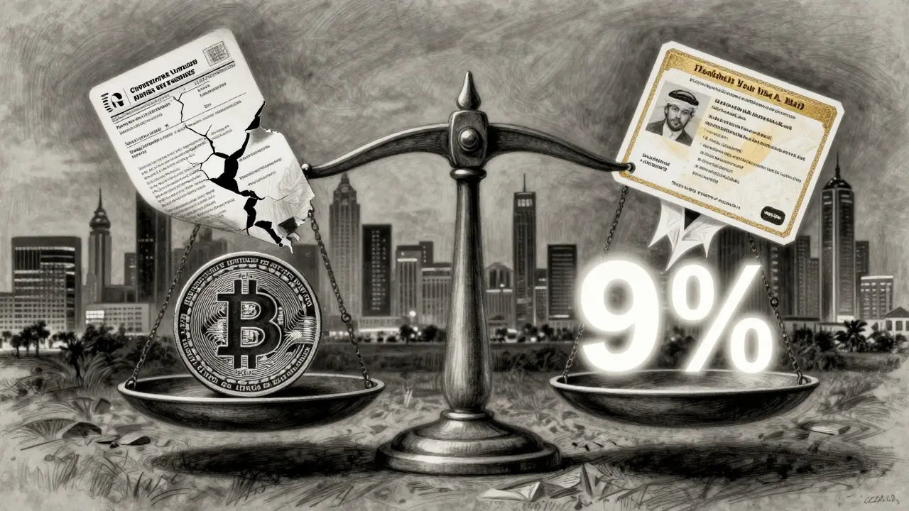 A symbolic scale balances crypto gains against corporate tax, with UAE residency symbols rising above falling paperwork.