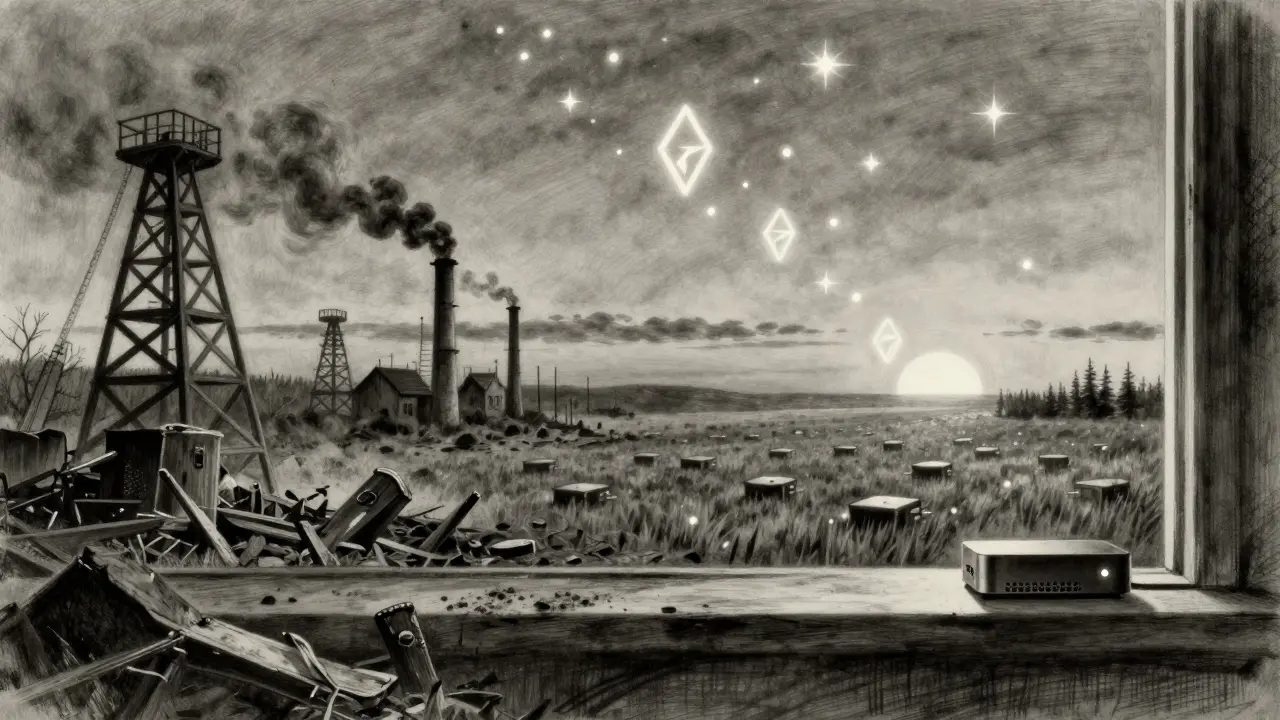 A symbolic split scene: decaying mining infrastructure on one side, serene staking nodes under dawn light on the other.