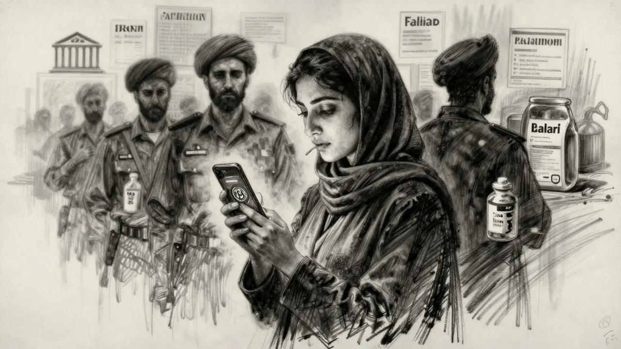A woman in Tehran with a Bitcoin wallet, shadowed by IRGC and medical symbols, surrounded by frozen account notices.