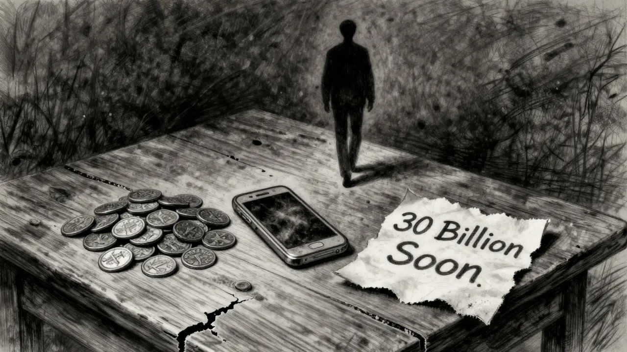 A wooden table with 10 billion tiny tokens, a worn phone, and a note saying '30 Billion Soon' as a figure walks away.