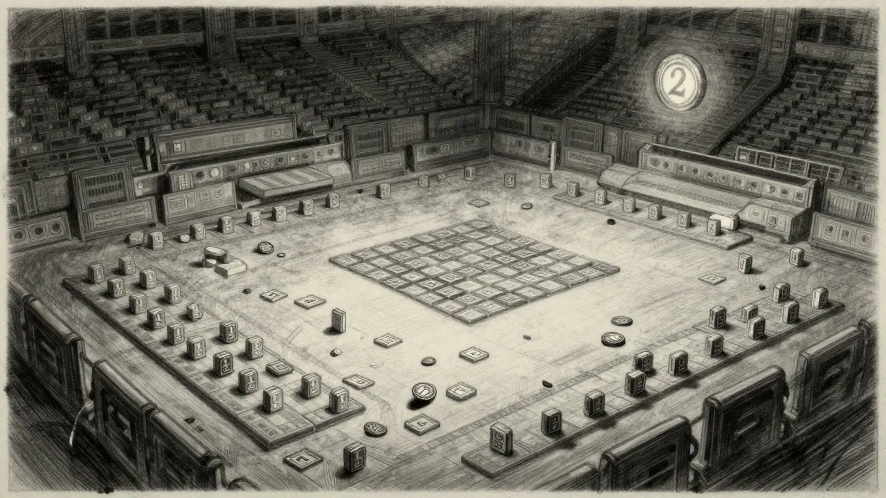 An empty digital arena covered in match-3 tiles, one glowing MATCH token barely visible in the corner.