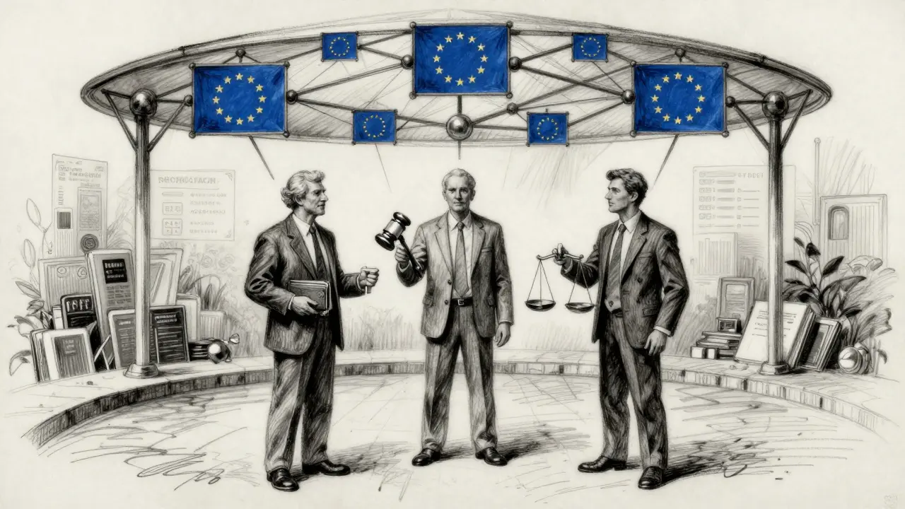 Charcoal drawing of three figures in a courtyard representing founder, regulator, and trader in blockchain harmony.
