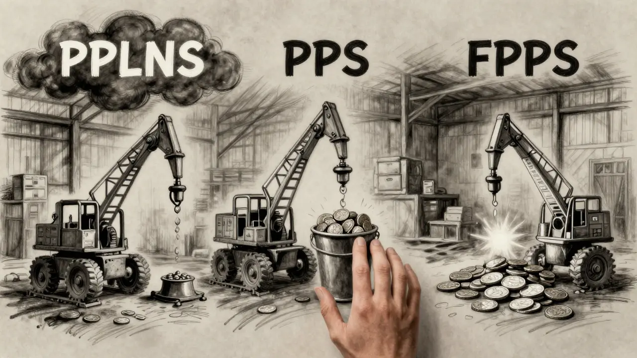 Charcoal sketch showing three mining payment methods: PPLNS, PPS, and FPPS, with symbolic representations of payouts.