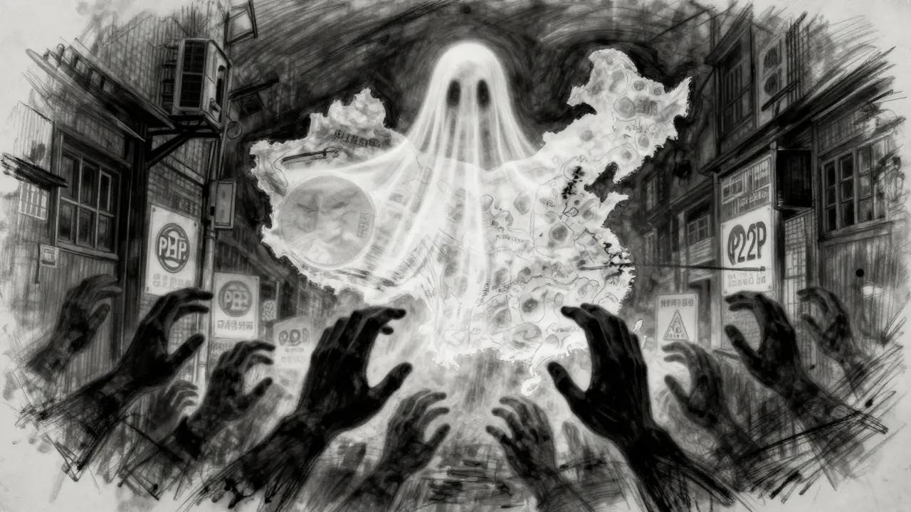 Digital yuan coin above shadowy figures engaged in underground crypto trades.