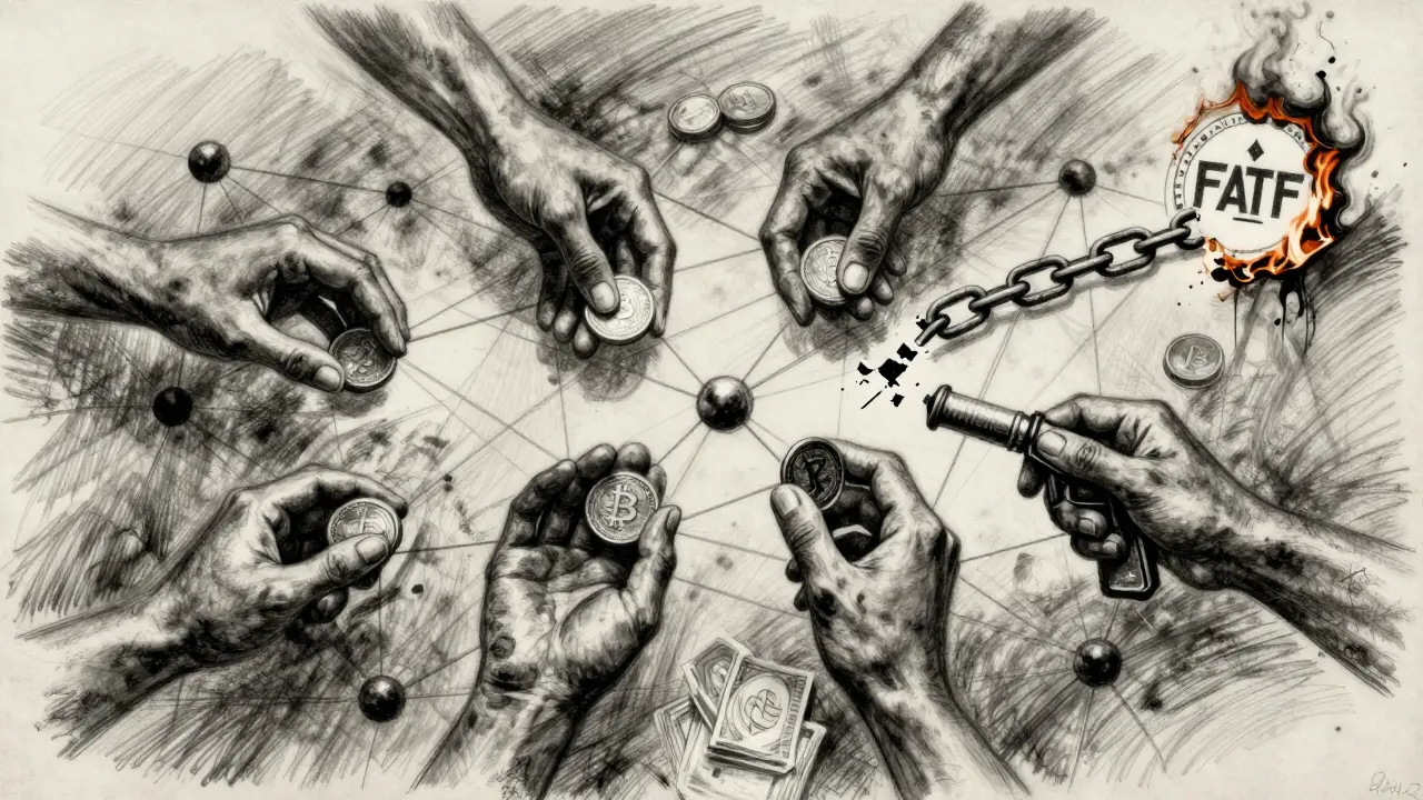 Hands in Myanmar connected to crypto nodes, some holding coins, others weapons, with a burned FATF emblem.