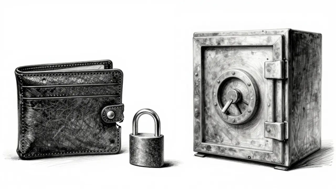 Open wallet with broken lock next to secure vault