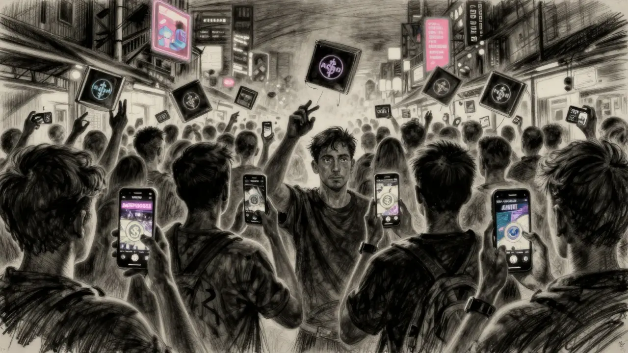 Players in a digital marketplace holding phones as NFT boxes and tokens float above their wallets.