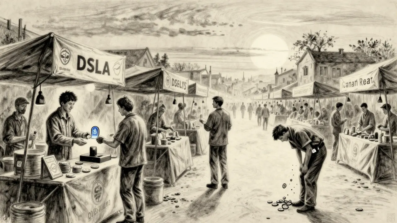 Three DeFi users in a silent marketplace as DSLA compensation flows, under a dawn-lit sky.