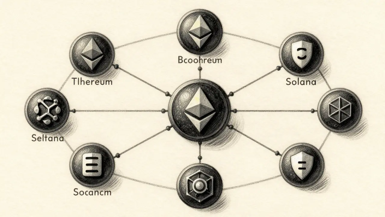 Token connected to multiple blockchains with security shield symbol