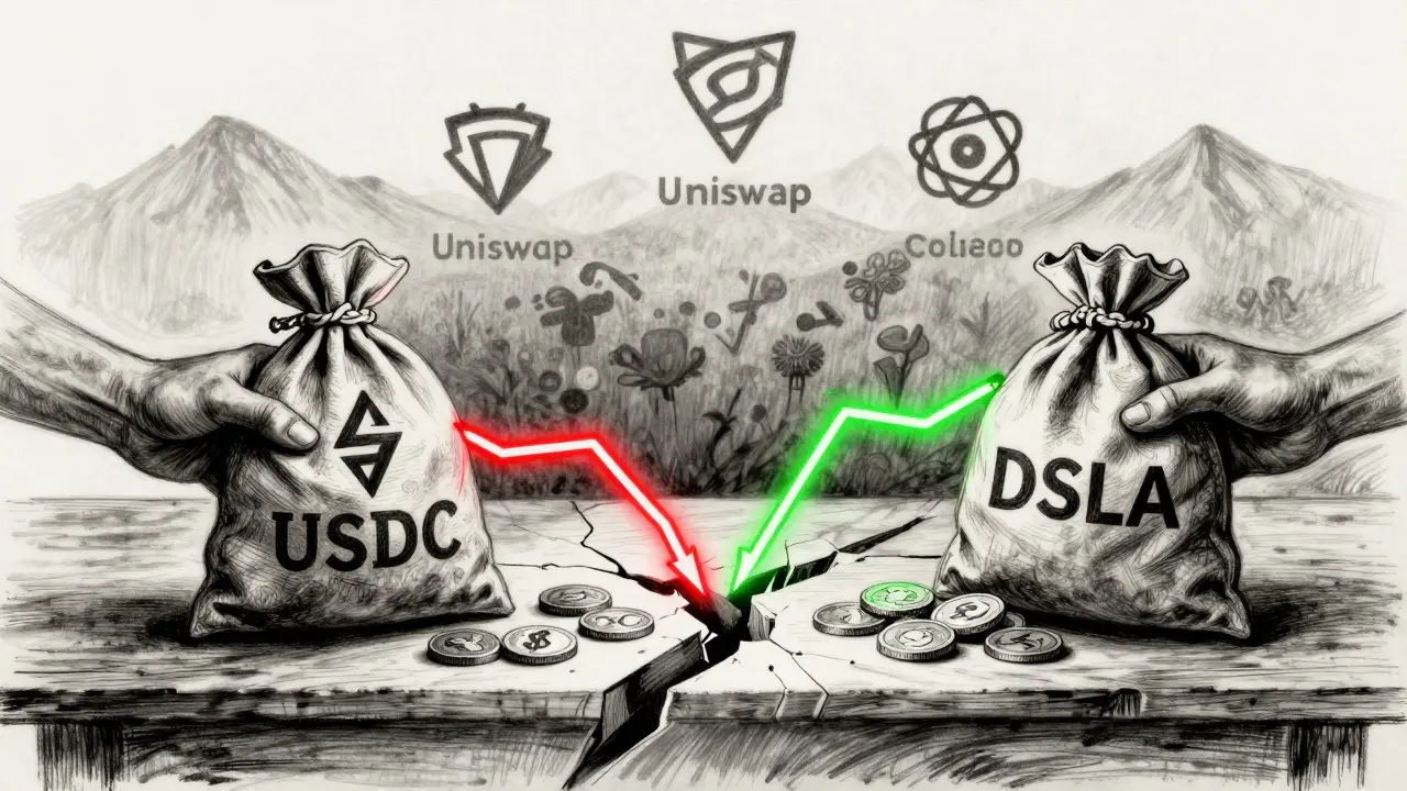 Two hands exchanging crypto and DSLA tokens across a fractured smart contract, with blockchain silhouettes behind.