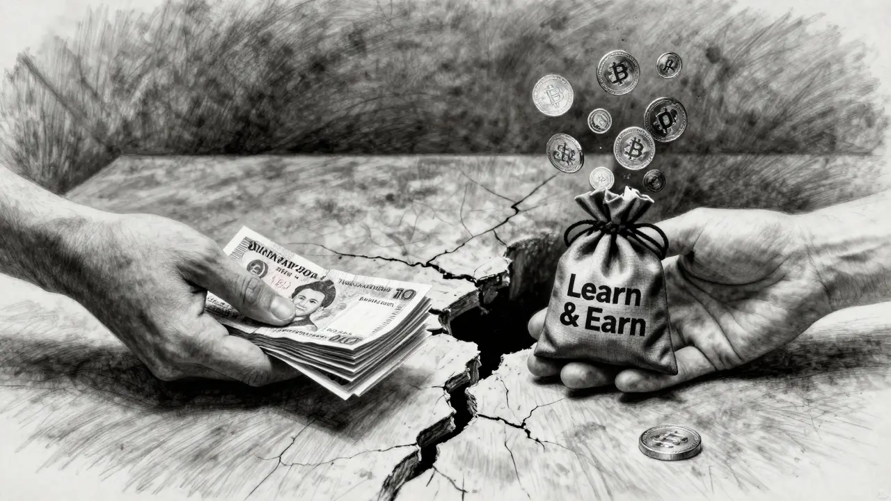Two hands reach across a cracked table, one holding local currency, the other a 'Learn &amp; Earn' token pouch, separated by a void of abandonment.