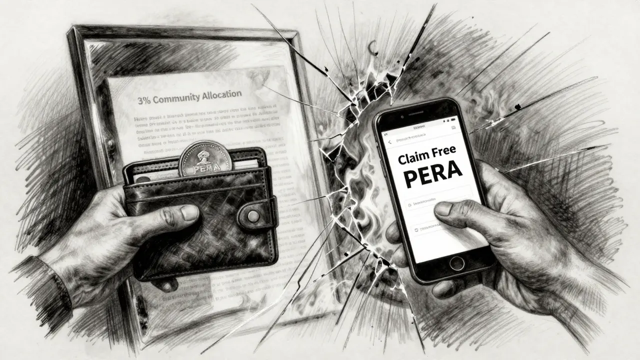 Two hands reaching toward a fractured mirror reflecting a real wallet and fake airdrop site.