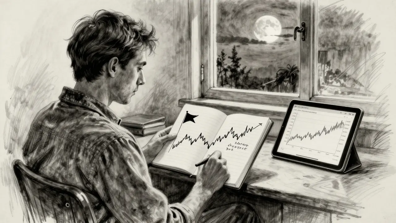 A calm trader journaling swing trading patterns by a window as dusk falls, with subtle price charts on a tablet.