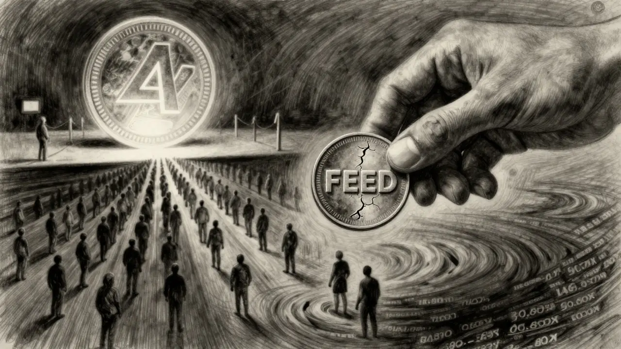 A cracked FEED token falling into a shadowy abyss of fading wallet addresses.
