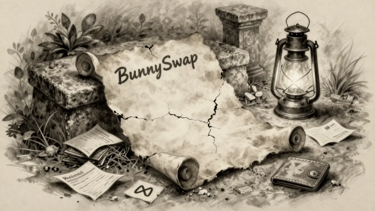A cracked parchment labeled 'BunnySwap' lies on an altar with a discarded wallet and unlit lantern.