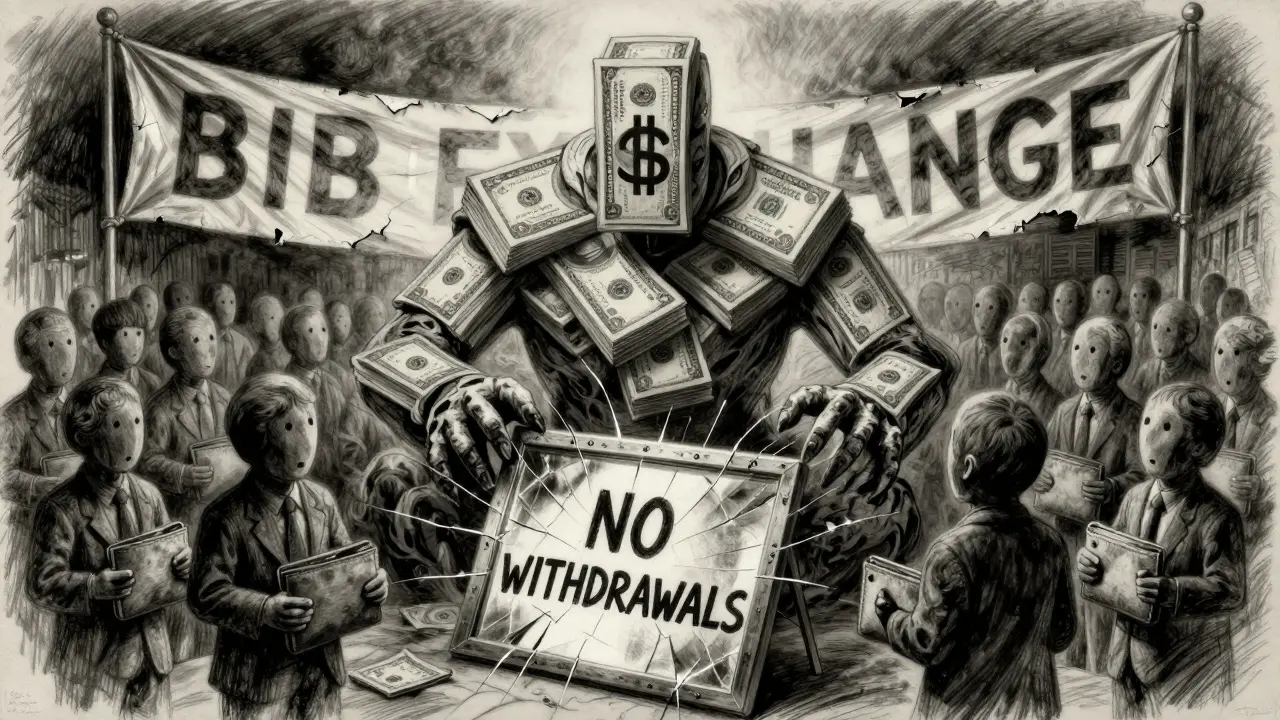 A faceless figure made of money and blockchain symbols looming over helpless people holding empty wallets, with 'NO WITHDRAWALS' reflected in a cracked mirror.