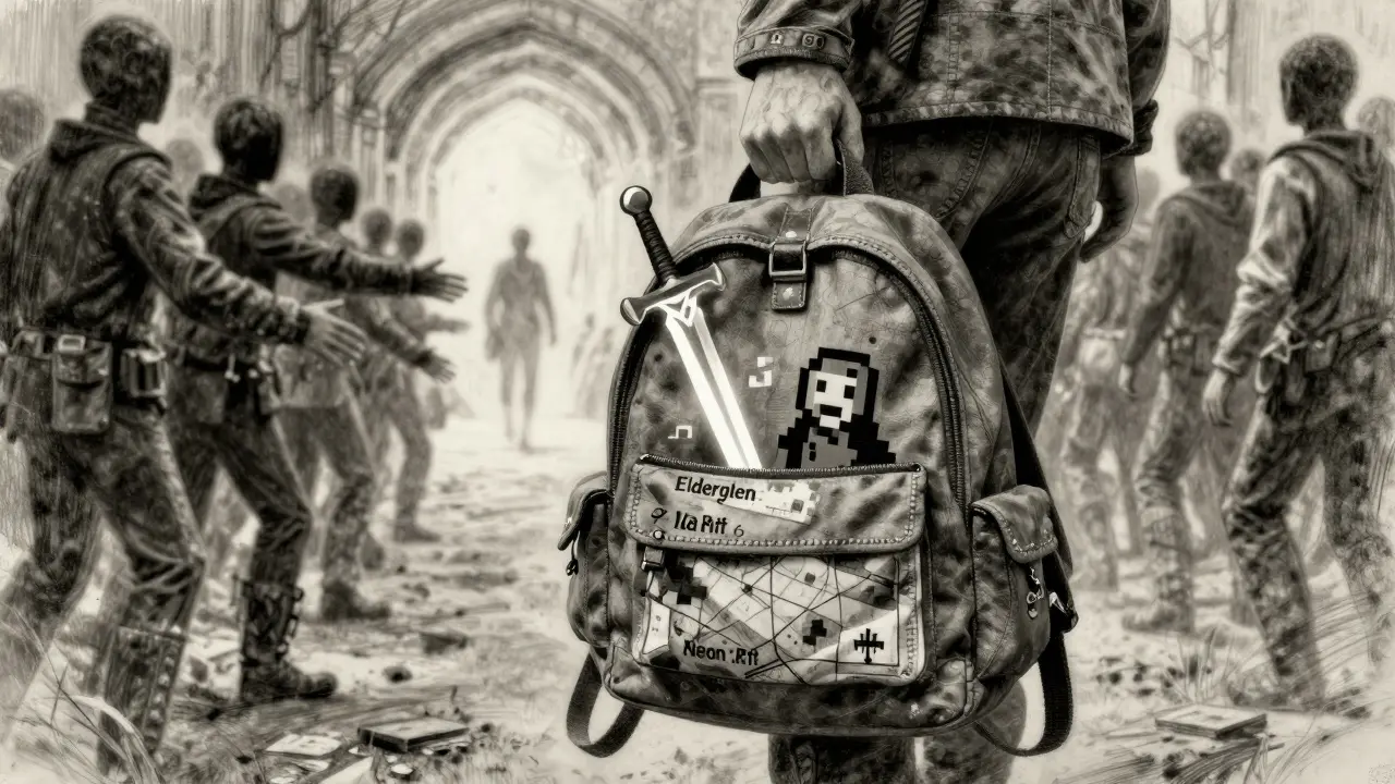 A hand carrying a digital backpack filled with in-game items from upcoming games.