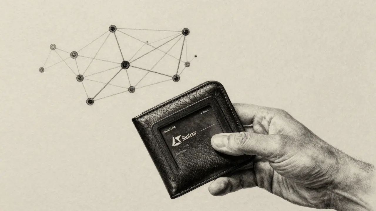A hand holding a hardware wallet as blockchain transaction nodes float above, rendered in charcoal with no corporate elements visible.