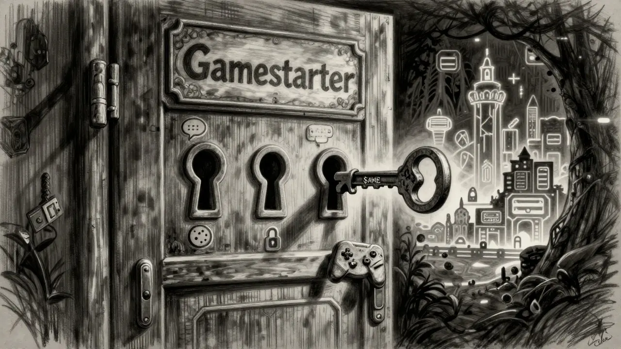 A locked Gamestarter door with five keyholes, one key half-inserted.