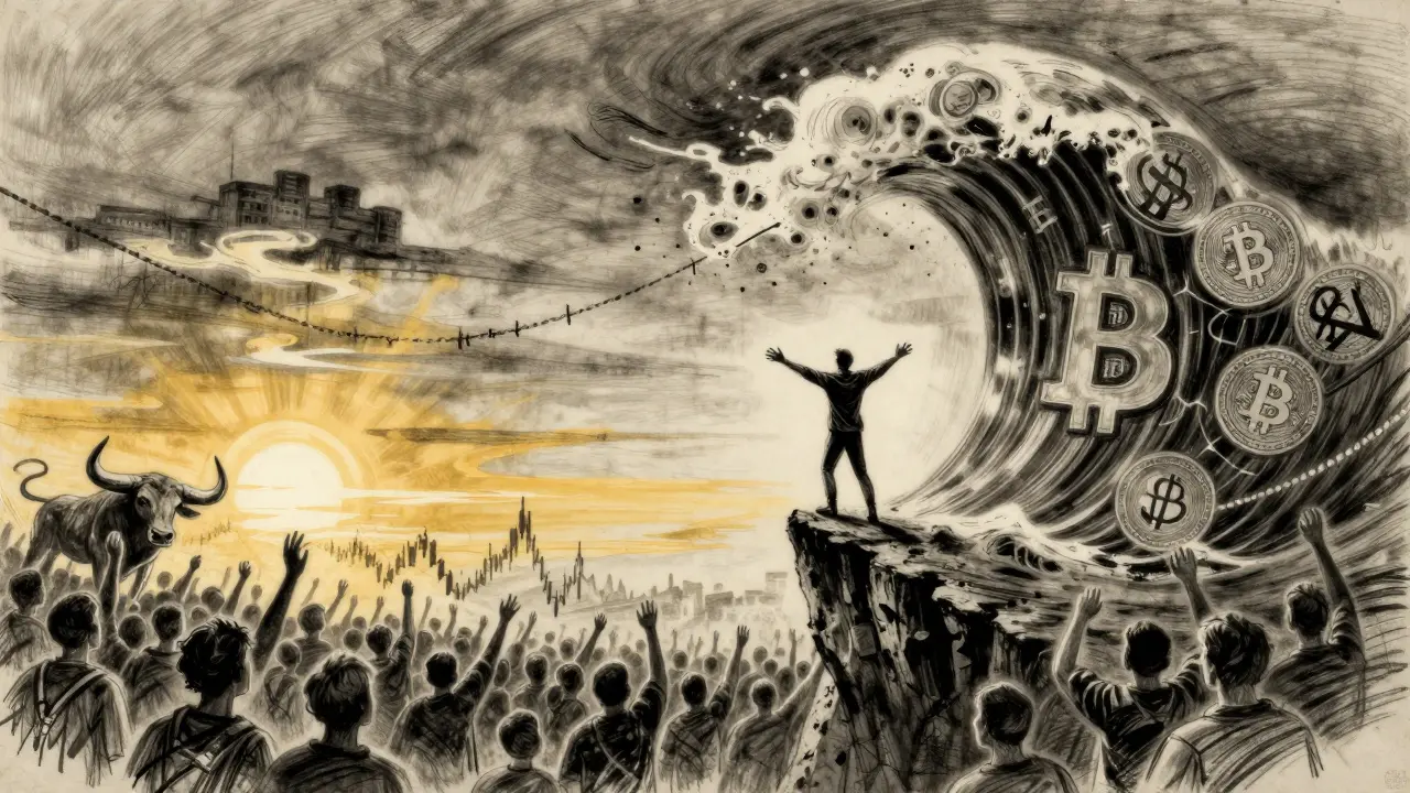 A lone figure riding a wave of crypto symbols on a cliff, with a trailing stop-loss rope and chaotic crowd below.