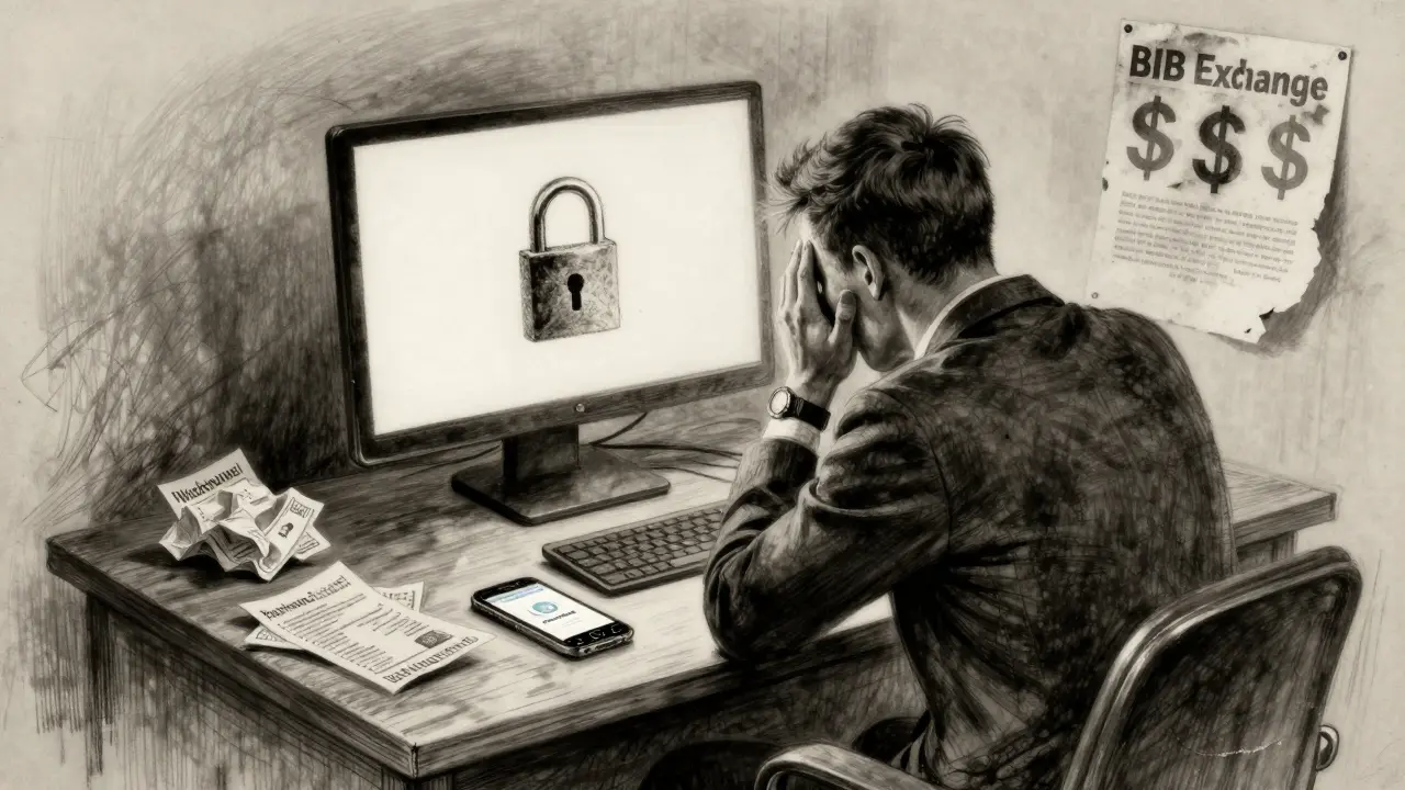 A lone person at a desk staring at a screen showing locked padlocks, surrounded by withdrawal receipts and a torn BIB Exchange flyer.