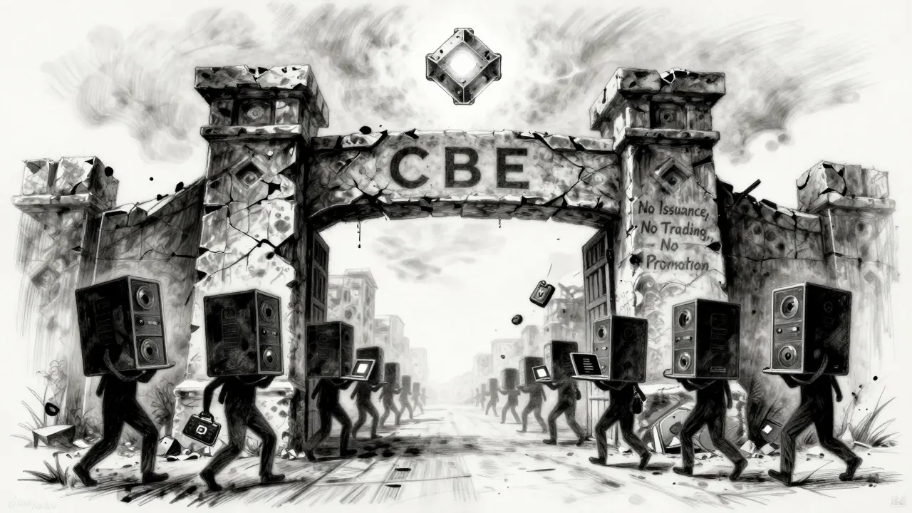 A massive gate labeled 'CBE' blocks crypto devices, while a floating blockchain node shines above, rendered in charcoal.