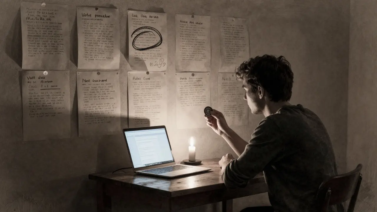 A person alone at a table surrounded by unreadable voting proposals, lit by a single candle.