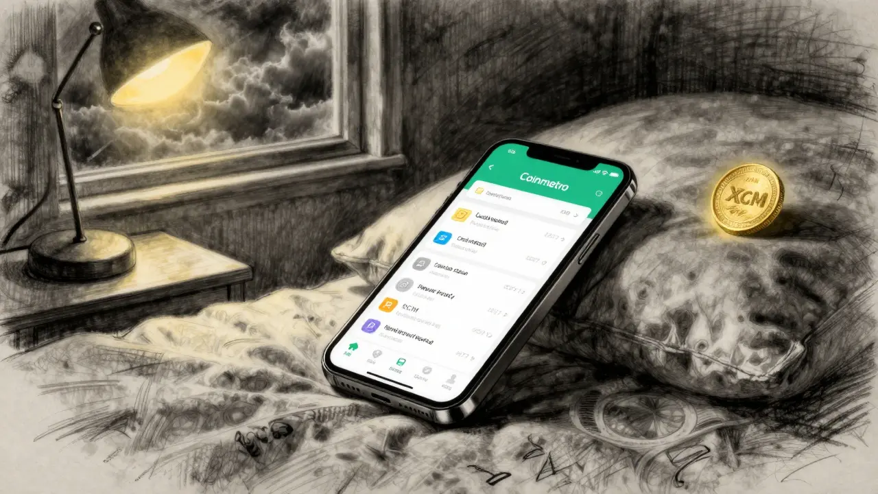 A phone displays the Coinmetro app at night with live support chat, illuminated by a lamp as dawn breaks outside.