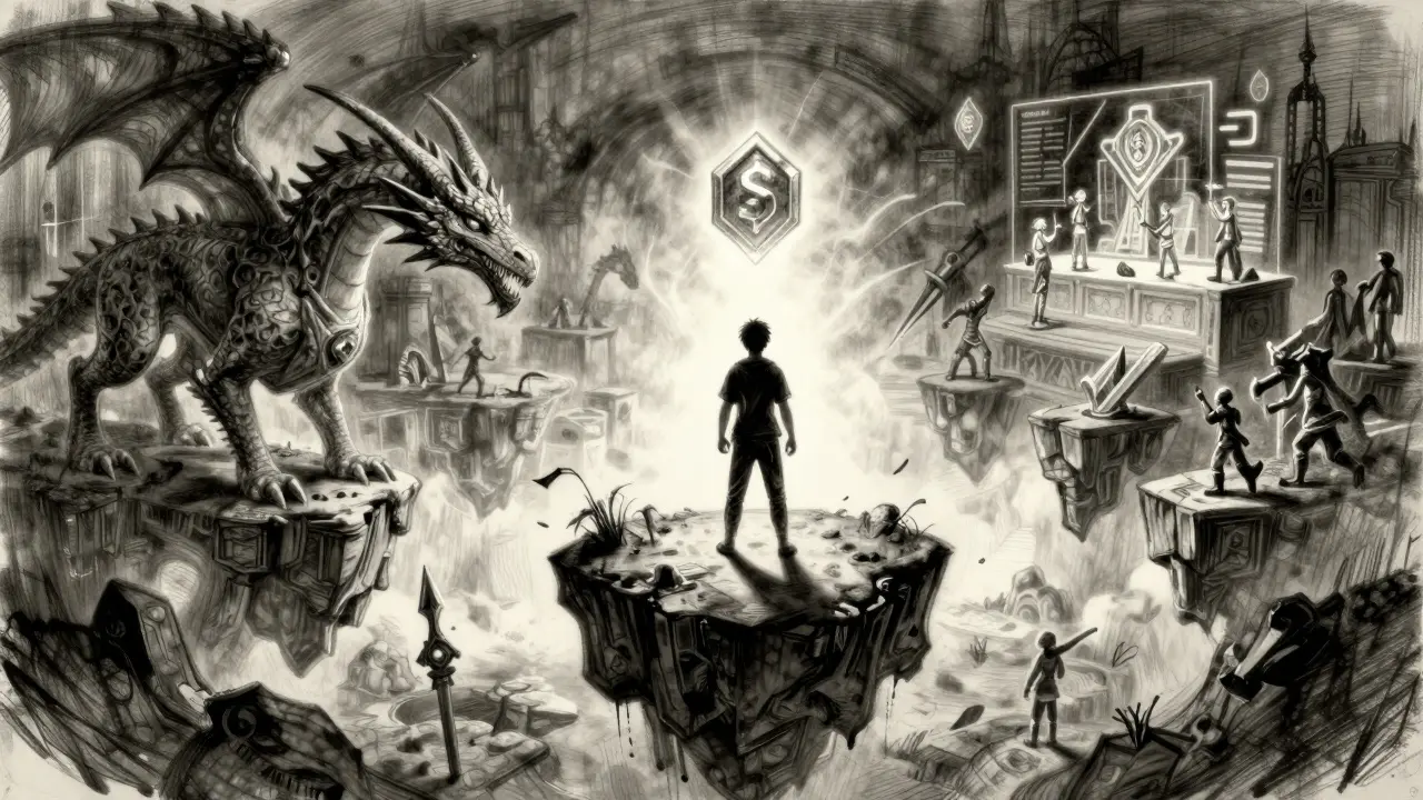A player in a fantasy MMORPG holds a glowing SHARDS token, surrounded by NFT gear and voting holograms.
