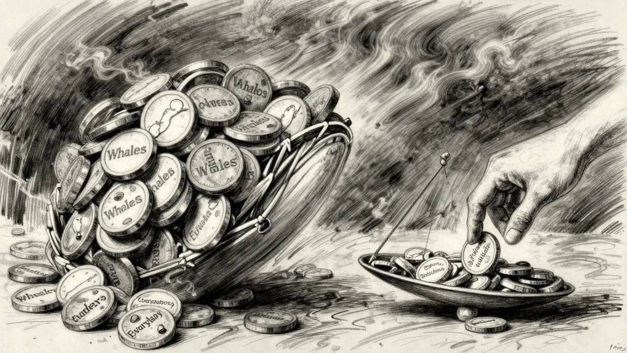 A scale tipped by large tokens versus many small ones, with a hand adding a tiny vote.