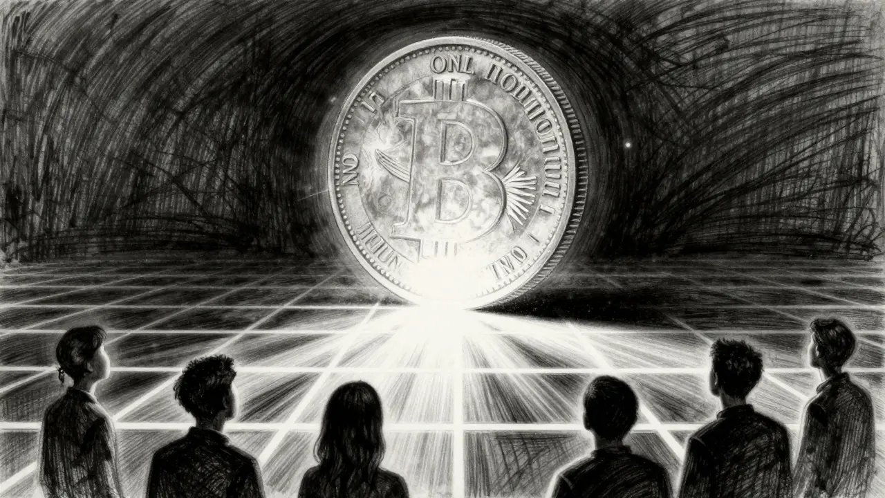 A single glowing coin watched over by surveillance grids in a dark space.