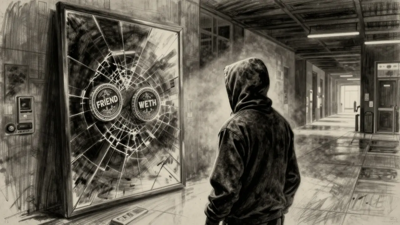 A solitary figure faces a mirror reflecting only two crypto tokens, surrounded by an abandoned exchange hall.