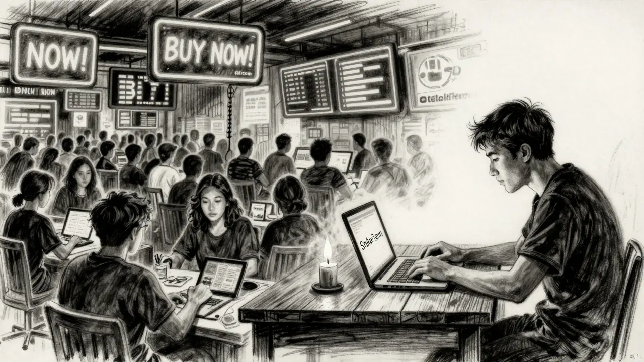 A split charcoal drawing: chaotic crypto trading floor on one side, a calm individual using StellarTerm on the other, symbolizing decentralized control.